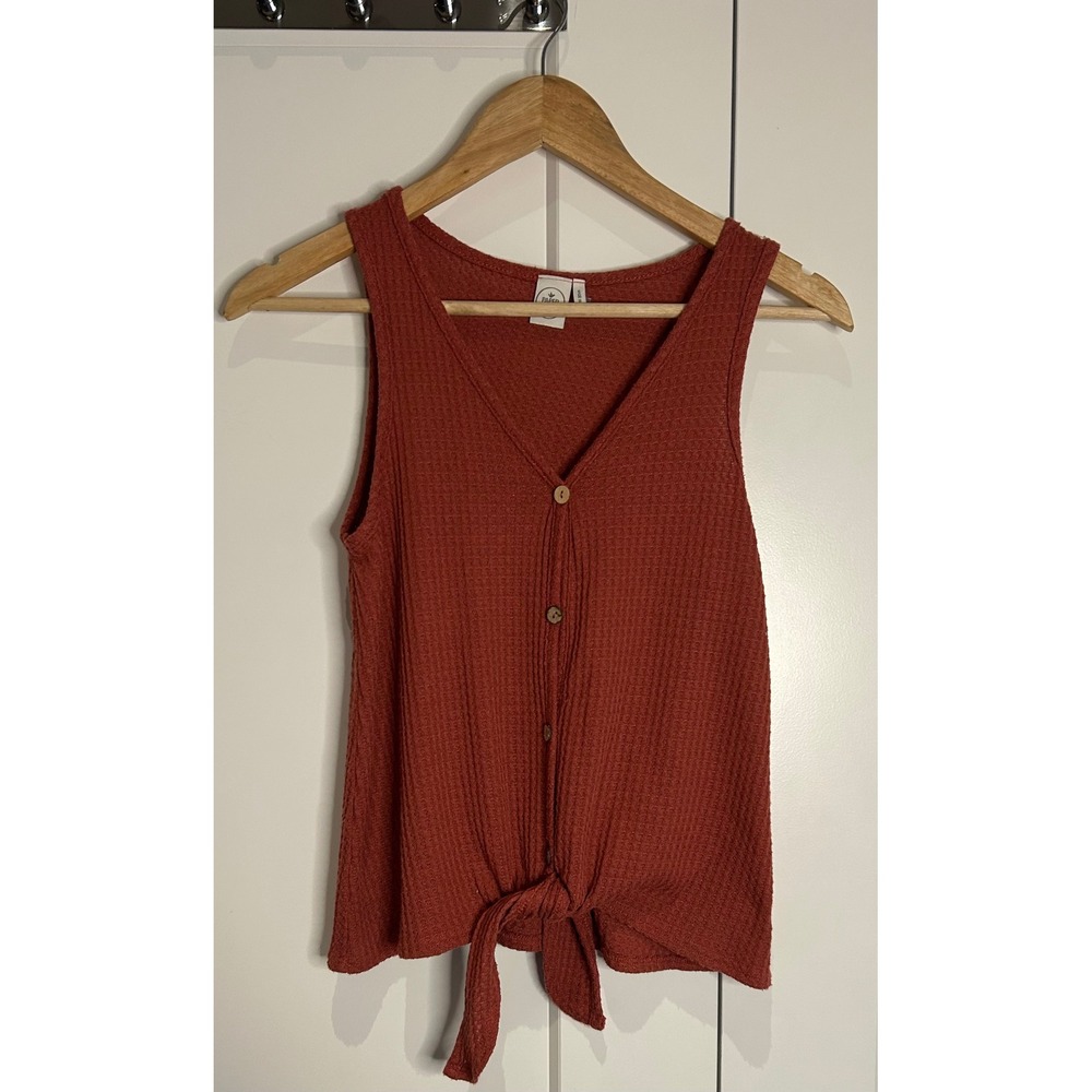 Paper Crane Rust Orange Waffle Knit Tie Front Button V-Neck‎ Tank Top Small USA